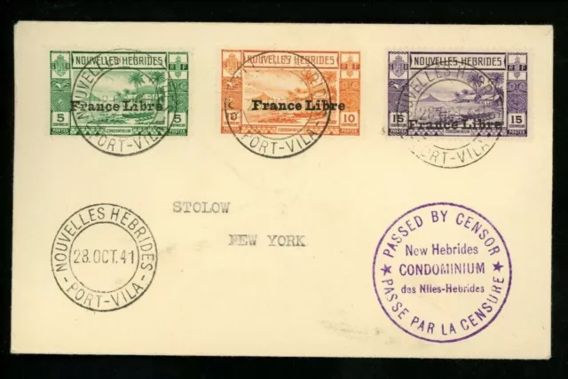 Postal History New Hebrides / French Scott #67-69 Censored 10/28/1941 Port Vila