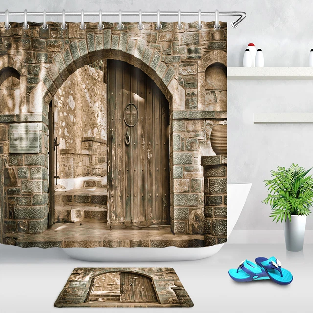 Rustic Retro House Brick Wall Wood Arch Door Shower Curtain Set Bathroom Decor