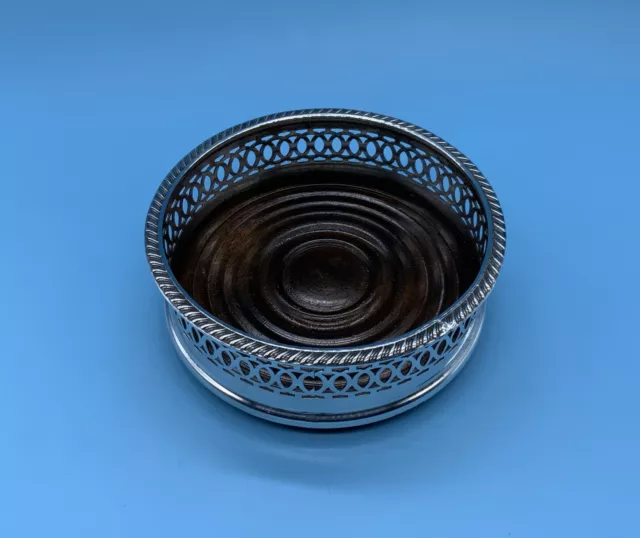 Vintage Silver Plate & Turned Wood Wine Bottle Coaster