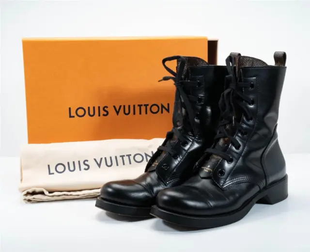 LOUIS VUITTON BLACK Leather Combat Boots Monogram LV Logo Metropolis ...