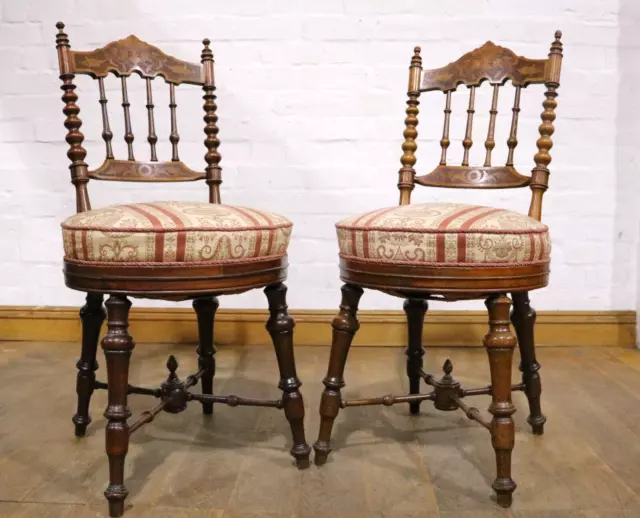 Antique vintage pair of carved and bobbin turned occasional hall chairs