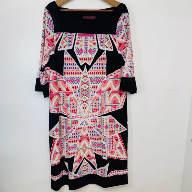 Melissa Masse  Womens Knit Shift Dress   Size 1X Pink Black Geometric Lined USA