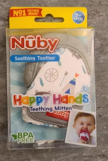 Nuby Soothing Teether Happy Hands Teething Mitten with Hygienic Travel Bag Gray