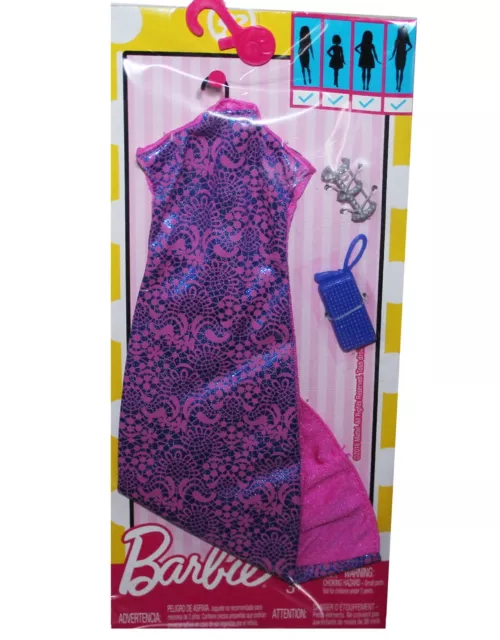 Genuine Mattel Barbie Doll Clothes Pink Long Dress Bracelet Purse Fashion Pack