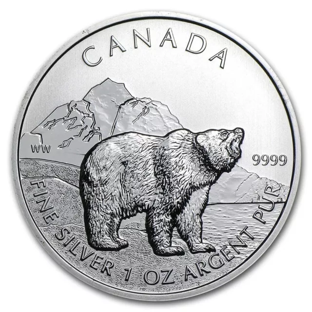 Canada 2011 Grizzly Bear Wildlife Series $5 Pure 1 Oz Silver Coin in Capsule