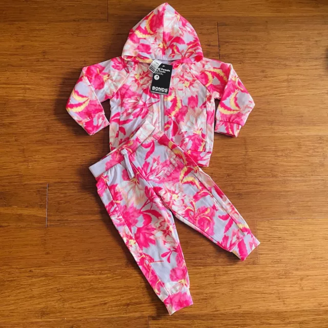 Bonds Girls Pink Floral Bloom Zip Hoodie Jacket Pants Tracksuit Set BNWT Sz 2