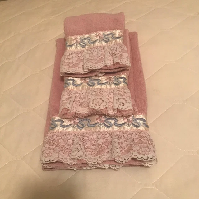 Vtg 80s Towel 3pc Set Mauve Pink Rose Hem Sm Bath Hand Fingertip Lace Embroidery