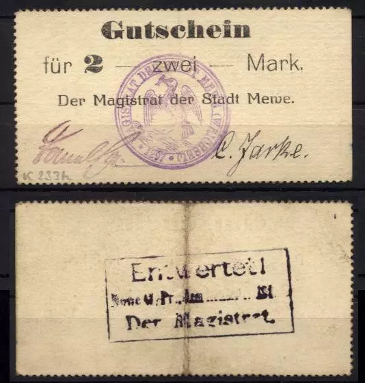 [13847] - NOTGELD MEWE (heute: Gniew), Stadt, 2 Mk, o. D. (1914). Dießner 233.5b