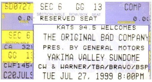 Vintage Bad Company Ticket Stub July 27 1999 Yakima Washington