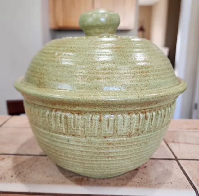 Vintage 1970's Handmade Studio Pottery Art Large Green Bowl & Lid Signed