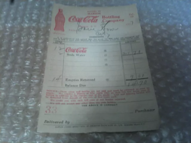 Coca-Cola Of Marion, S.c. Original Vintage Receipt For Cases Of Coke Dated 1927