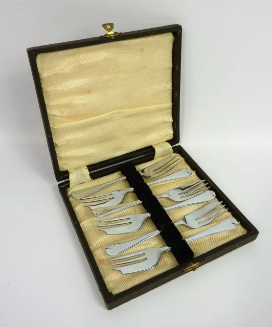 Set Of 6 Vintage Chrome Plated Stainless Steel Cake Forks Boxed
