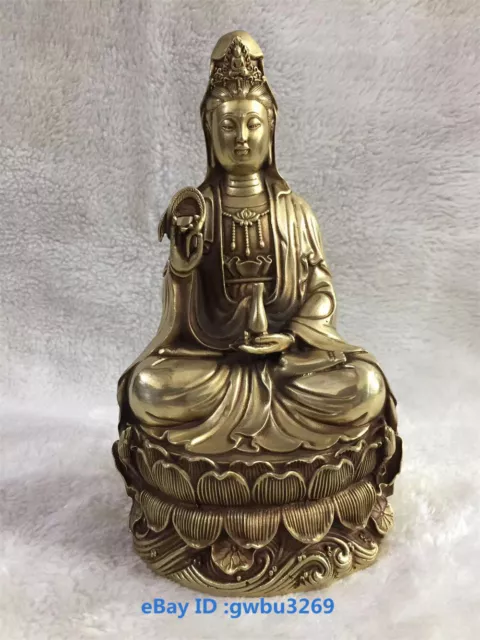 Chinese Fengshui Brass Carved Lotus Goddess Guanyin Bodhisattva Statues 42206