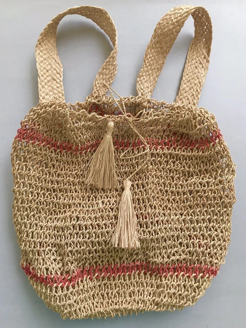 New HANDMADE Knitted Straw Handbag Beach Backpack BOHO CHIC Knit Bag Beige Red 2