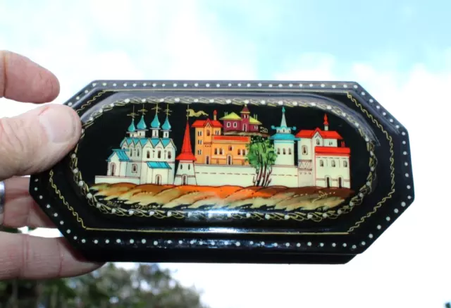 Vintage Lacquer Ware Jewelry Box Russian Black Cityscape Hand-painted USSR