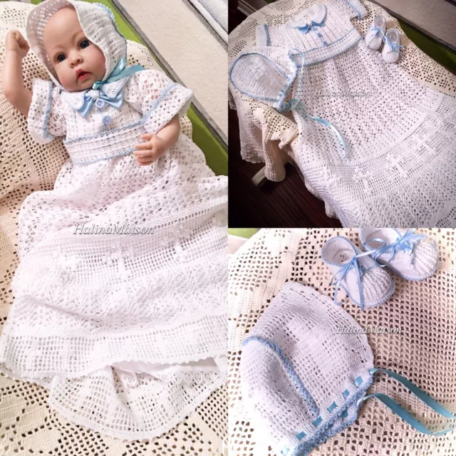 Baby Liam Boy Crochet Christening Gown, Bonnet And Booties