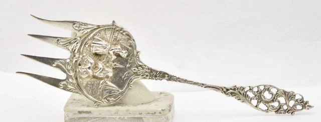 Vintage .833 Silver Stamped Embossed Cast flat Scenic Serving fork 7.4" long