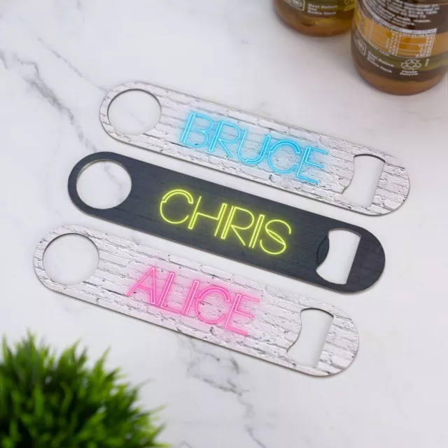 Personalised Neon Name Bar Blade Brick Bottle Opener Printed Stainless Steel