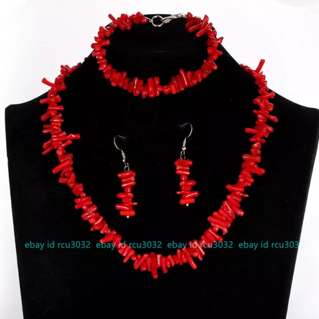 3x10mm Natural Red Coral Chip Gems Beads Necklace Bracelet Earrings Jewelry Set
