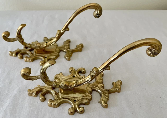 Set of 2 Vtg Antique Style Ornate Solid Brass Triple Coat Key Hat Hanger Hooks 12