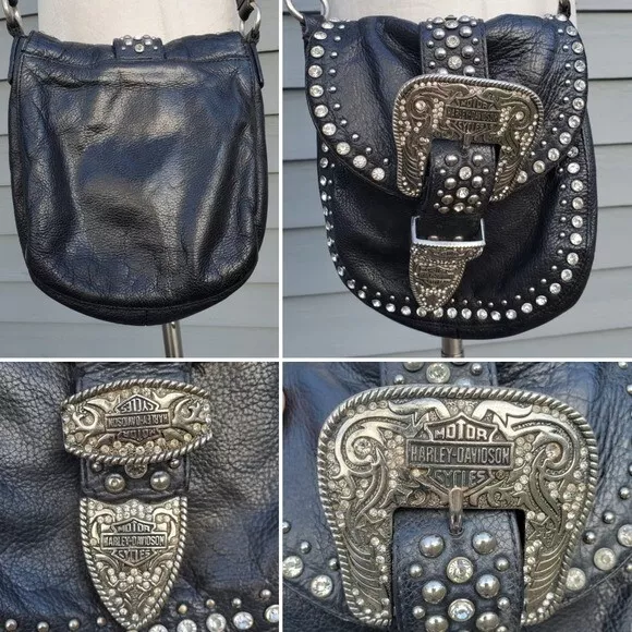 Vintage 90s y2k Harley Davidson Black Leather Buckle Rhinestone Stud Crossbody