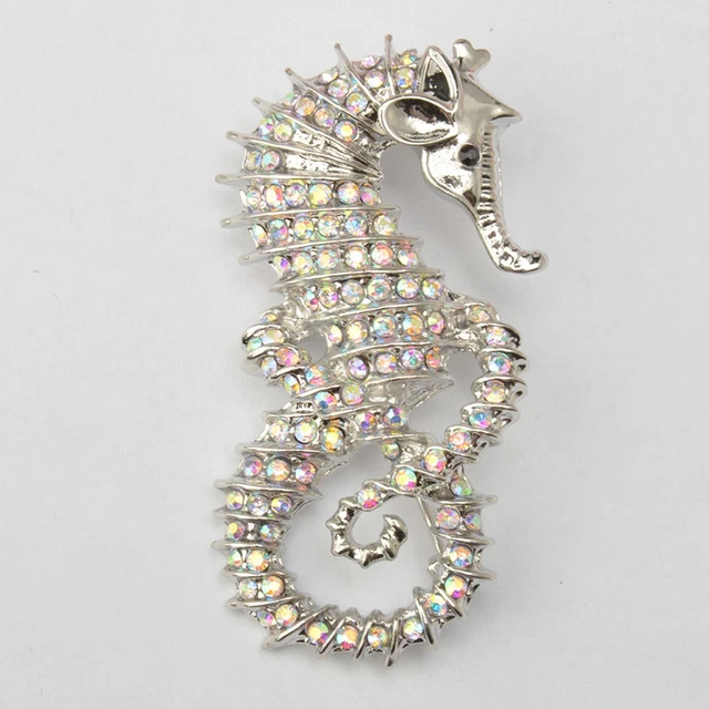 Broche Hippocampe Strass Cristal Vert Et Bleu - Bijou Élégant Pour Tenues Chic