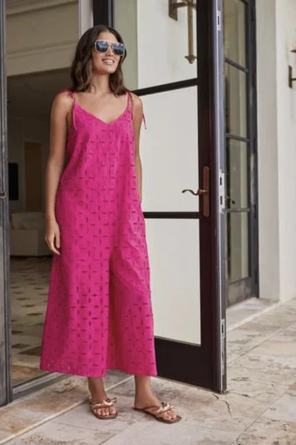 Next pink broidery wide leg strappy jumpsuit UK 12 New