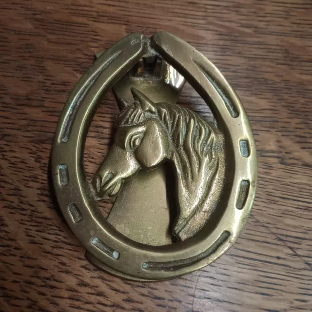 Vintage Solid Brass Door Knocker Lucky Horseshoe & Horse / Vintage Door Knocker