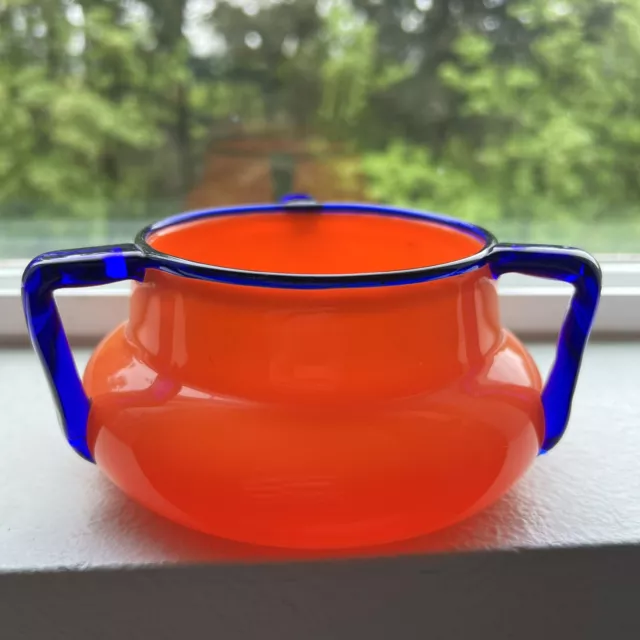 Loetz Tango Art Glass Bowl Michael Powolny 3 Handles Cobalt Blue & Orange Czech