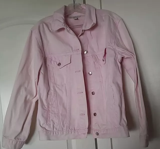 FOREVER 21 Denim Jacket Women's Small Variegated Pink Color Silver Logo Buttons