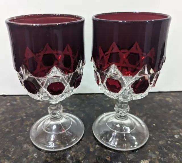 SET OF 2 Antique 1890's EAPG Cranberry Ruby Red Block Pressed Glass Wine Goblet