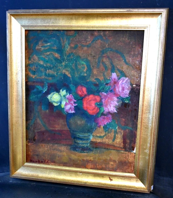 Tableau Ancien Peinture à L'huile Impressionniste - Nature Morte Aux Fleurs, Décoration Murale Vintage