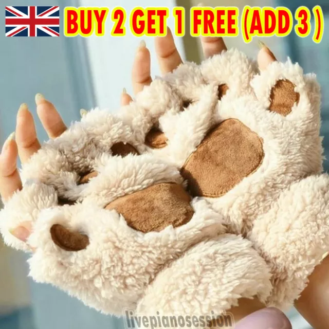 Women Girl Cat Claw Paw Winter Soft Plush Half Finger Fingerless Gloves Warm