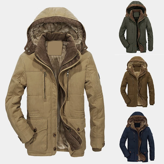 Mens Fleece Lined Zip Up Parka Coat Hooded Winter Thermal Warm Jacket Outwear