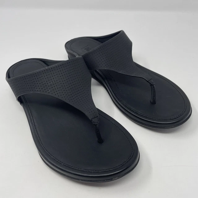 NWOB FitFlop Black Banda Perforated Perf Toe Post Leather Sandals Thins Sz 7