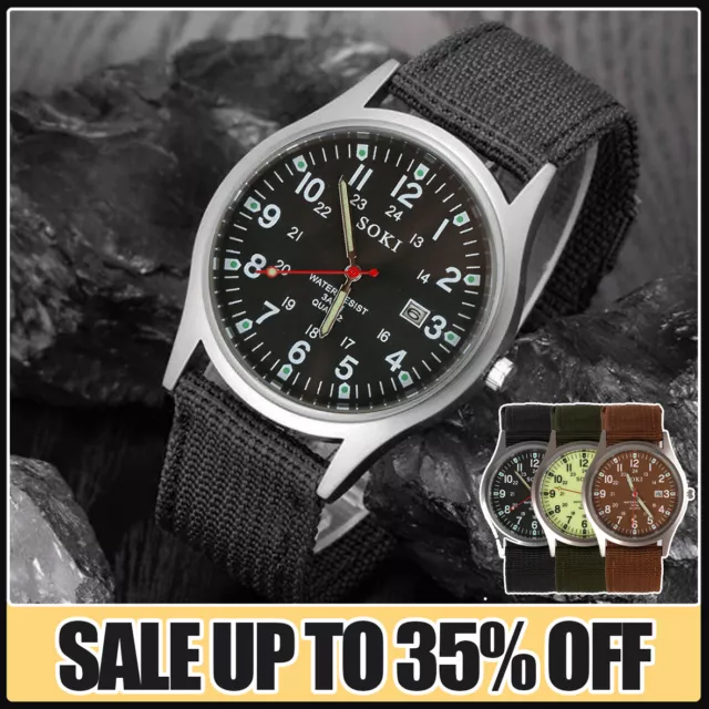 Men's Watches Military Leather Date Canvas Quartz Analog Army Casual Wrist Watch