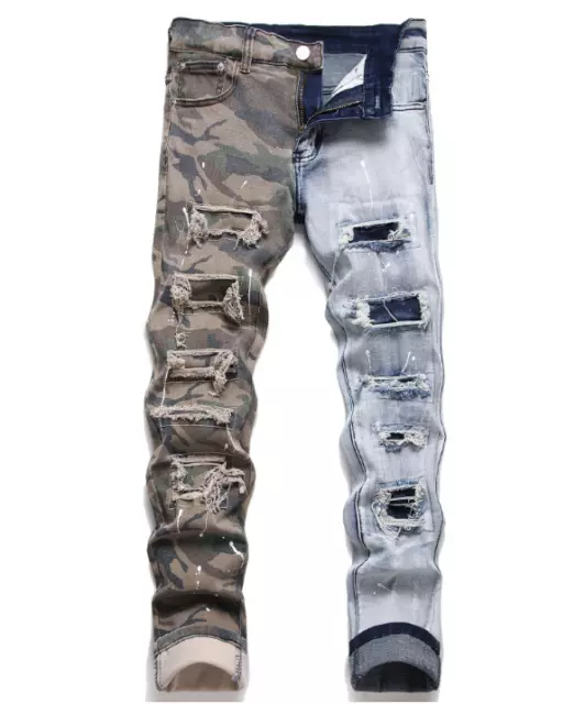Men Stretch Distressed Denim Slim Fit Trousers Casual Skinny Ripped Jeans Pants