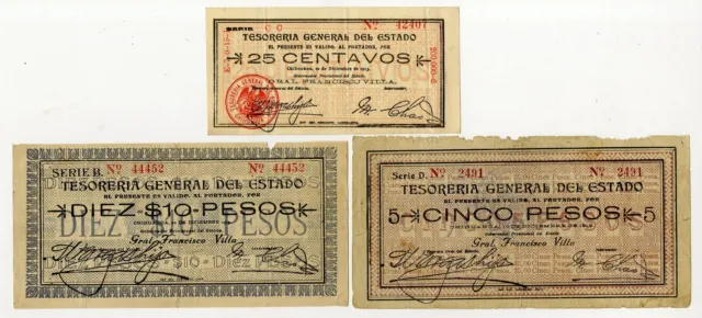 Mexico. General State Treasury, 1913. Lot of 3 Issued Banknotes, Fine to VF+ (3)