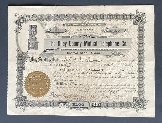 RILEY COUNTY MUTUAL TELEPHONE CO. Stock 1905. Walsburg - Manhattan, Kansas