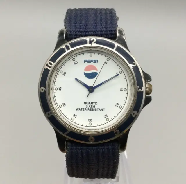 Vintage Pepsi Promotional Watch Men 37mm White Dial Blue Band New Battery