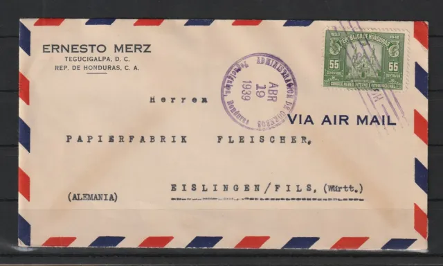 Honduras Luftpost Firmenbrief von Tegucigalpa nach Eislingen, 1939 #1091626