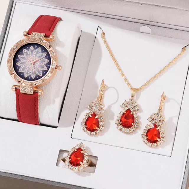 Ensemble 5 pcs Montre luxe Femme Cuir élégante Rouge et Magnifique parure