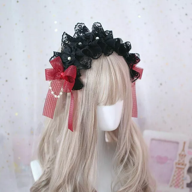 Damen Mädchen Lolita Stirnband Spitze Perlen Schleife Mütze Gothic Maid Cosaplay
