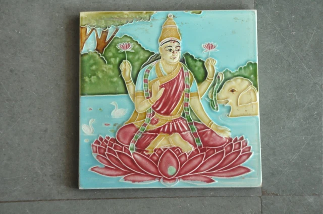 Vintage M.S Mark Goddess Laxmi Picture Ceramic Tiles. Japan