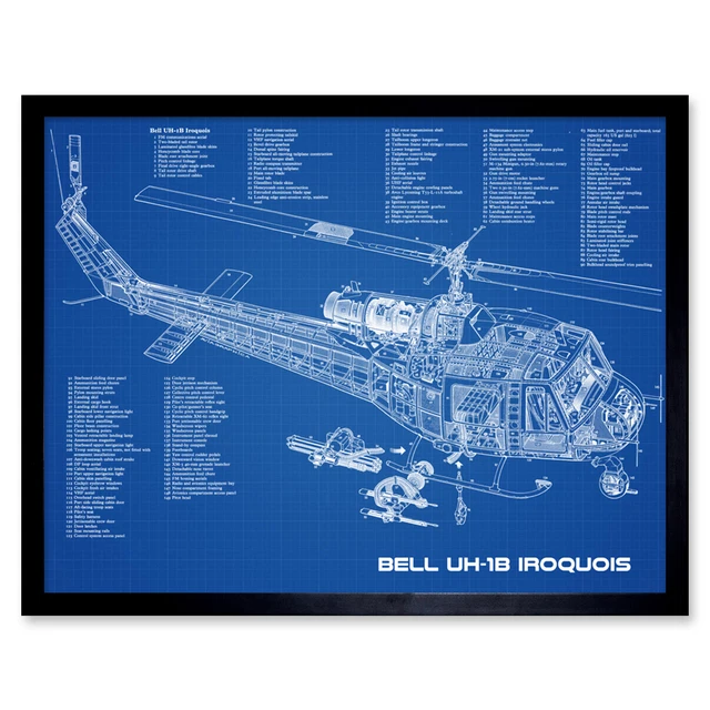 BELL UH-1B IROQUOIS USA Helicopter Blueprint Plan Wall Art Print Framed ...