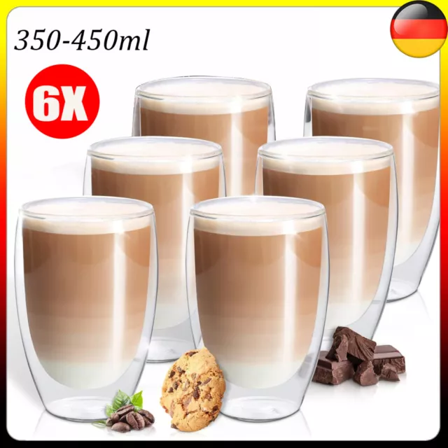 6x Doppelwandige Thermo Gläser 350,450ml Latte Macchiato Cocktail Kaffee Tee DHL