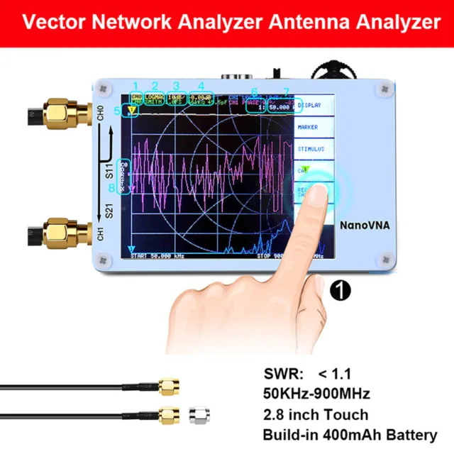2,8 pollici Nanovna 50 KHz-900 MHz analizzatore antenna rete vettoriale VNA UHF HF UV casa