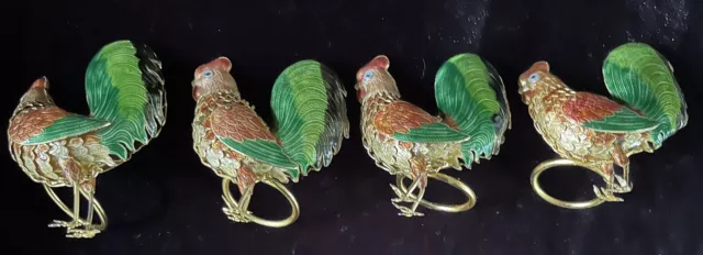 Williams Sonoma Napkin Rings Cloisonne Articulated Roosters  Set of 4 “Rare”