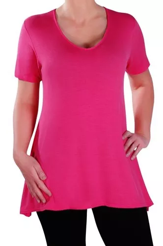 Womens Plain V Neck Plus Size Short Sleeve Casual Flared Swing Blouse Tunic Top