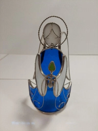Stained Glass Angel Votive Candle Holder 7.5" Tea Light Blue Pink And White